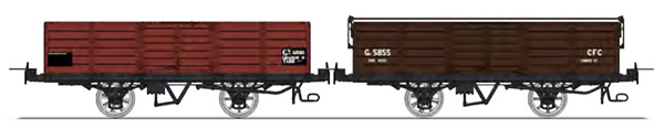REE Modeles VM-017 - Set of 2 Gondola Wagon with brakes, Red UIC Gv 5816 and with iron bar, brown Gv 5855